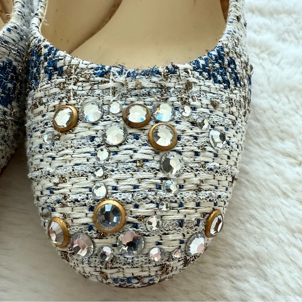 CHANEL Tweed Interlocking CC Blue White Slingback Size 40 EU or 10US Authentic